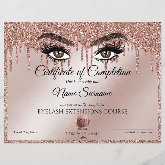 Certificate of Completion Award lashes Course (Front)