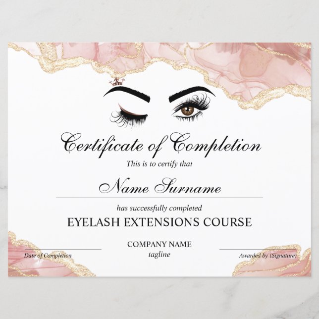 Certificate of Completion Award lashes Course (Front)