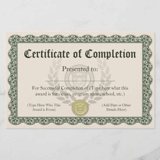 Certificate of Completion, Customisable (Front)