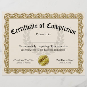 Certificate of Completion Gold Customisable 8.5x11