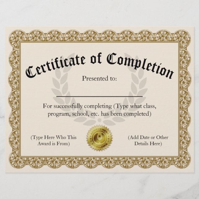 Certificate of Completion Gold Customisable 8.5x11 (Front)