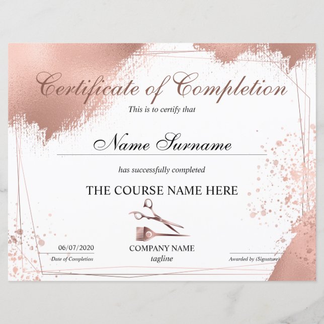 Certificate of Completion Hair stylist Course (Front)