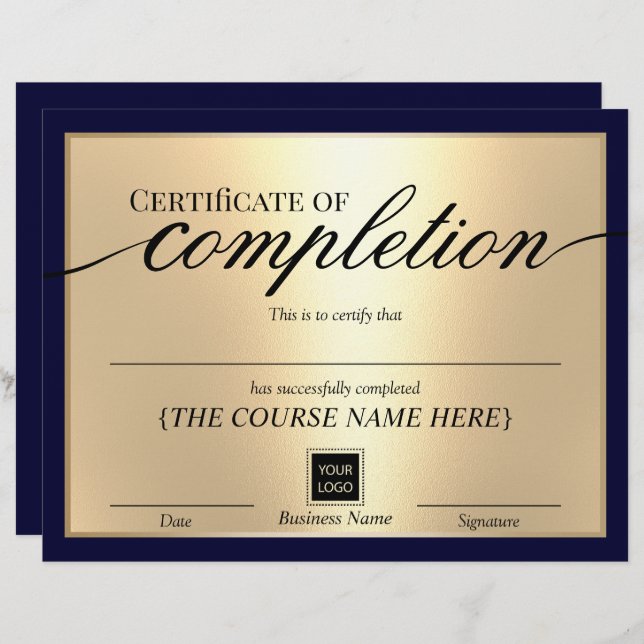 Certificate of Completion Navy & Gold Award (Front/Back)