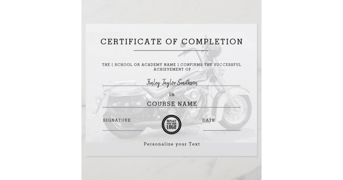 Certificate of Completion of Motorcycle Training Zazzle