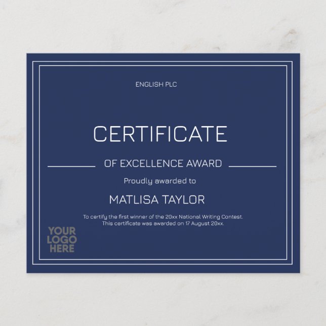 Certificate of Excellence Award Navy Add Logo  (Front)
