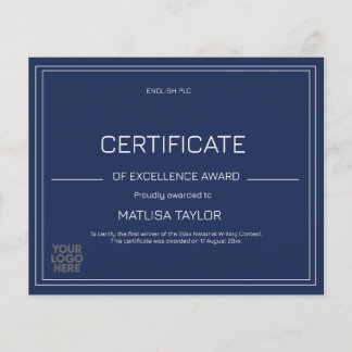 Certificate of Excellence Award Navy Add Logo