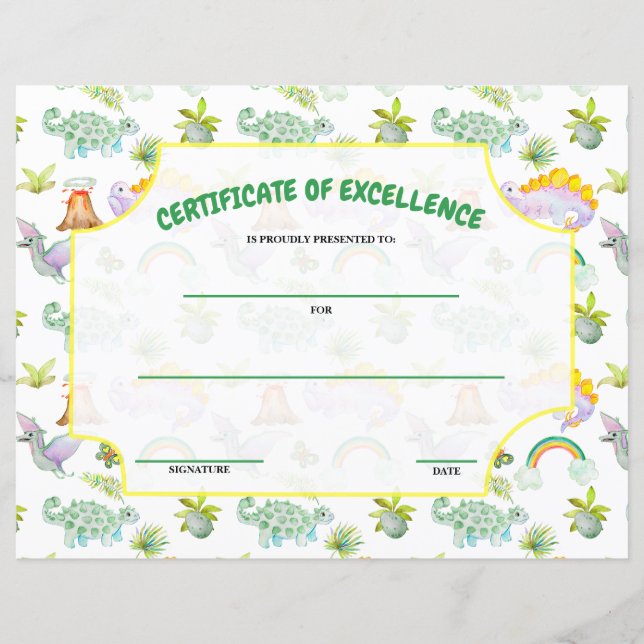 Certificate of Excellence Dinosaurs Themed (Front)
