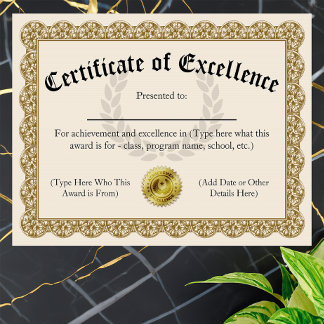 Certificate of Excellence Gold Customisable 8.5x11