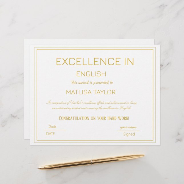 Certificate Of Excellence in English Achievement  (Front/Back In Situ)