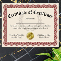 Certificate of Excellence Red Customisable 8.5x11