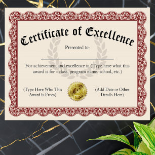 Certificate of Excellence Red Customisable 8.5x11