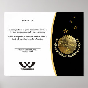 Certificate of excellence staff employee award poster