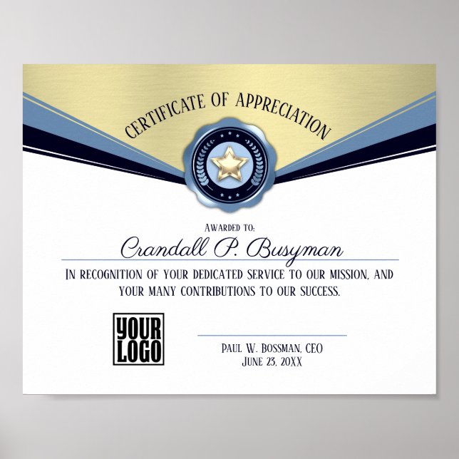 Certificate of excellence staff employee award poster (Front)