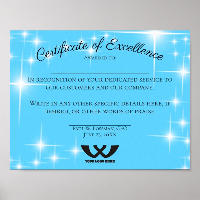 Certificate of excellence staff employee award poster (Front)
