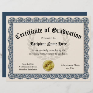 Certificate of Graduation Blue Customisable 8.5x11