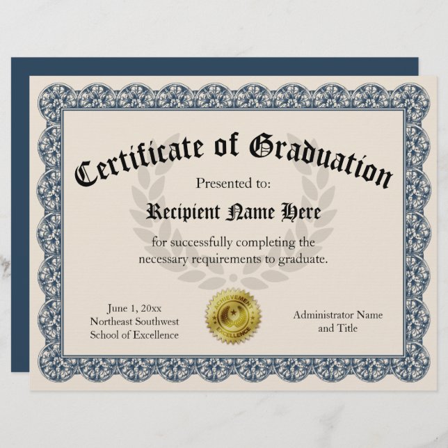 Certificate of Graduation Blue Customisable 8.5x11 (Front/Back)