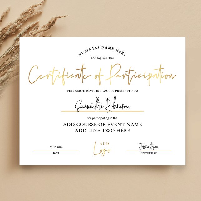 Certificate of Participation Gold Business Award (Elegant white and gold Certificate of Participation with space for your logo and custom text)