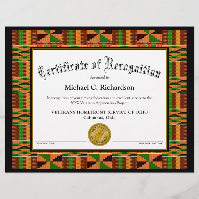 Certificate of Recognition African Kente Cloth K47 (Front)