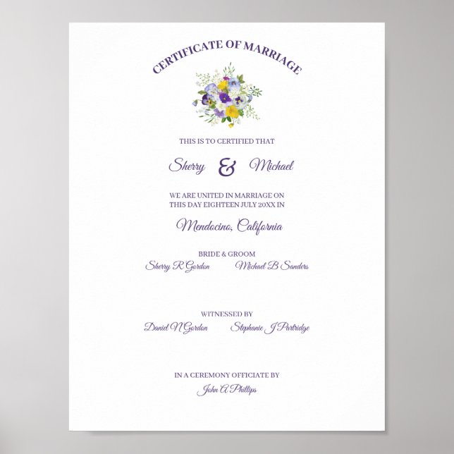 Certificate Simple Floral Roses Pansy Bouquet Poster (Front)