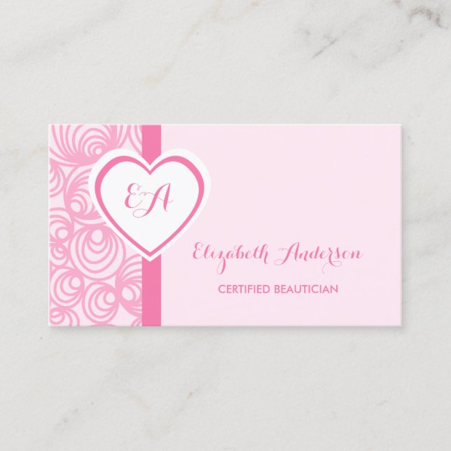 Certified Beautician Girly Pink Heart Monogram Business Card (Front)