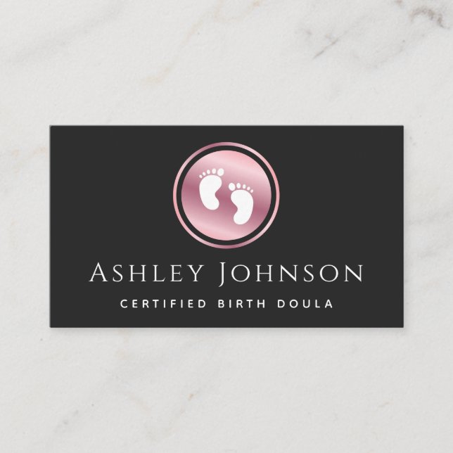 Certified Birth Doula Rose Gold Baby Feet Logo Business Card (Front)