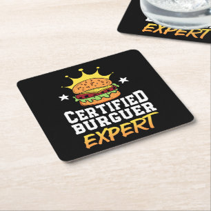 Certified Burger Expert Hamburger Handdrawn Burger Square Paper Coaster