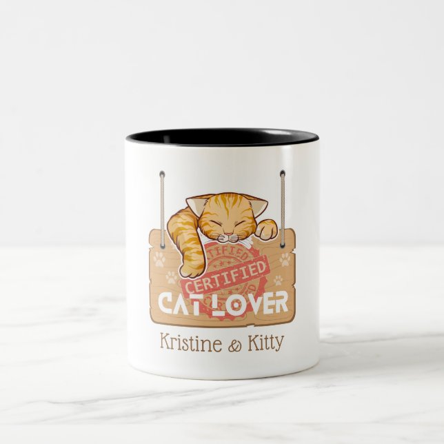 Certified Cat Lover with Family Name Two-Tone Coffee Mug (Center)