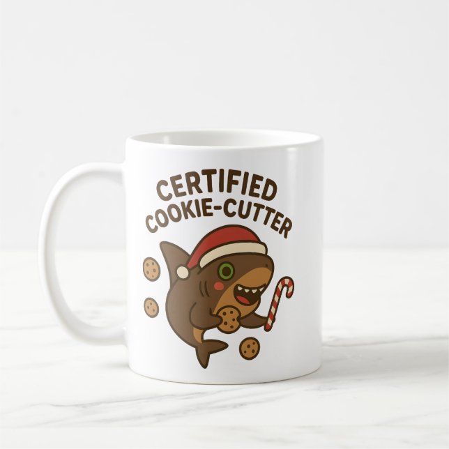 Certified Cookie-Cutter Funny Christmas Shark Pun Coffee Mug (Left)
