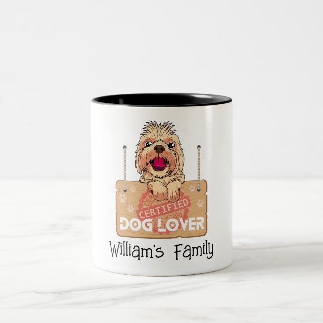 Certified Dog Lover with Family Name Two-Tone Coffee Mug (Center)