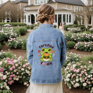 Certified Foodie Cute Kawaii Frog Eating Burger Denim Jacket