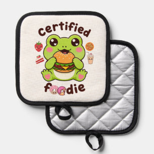 Certified Foodie Cute Kawaii Frog Eating Burger Pot Holder