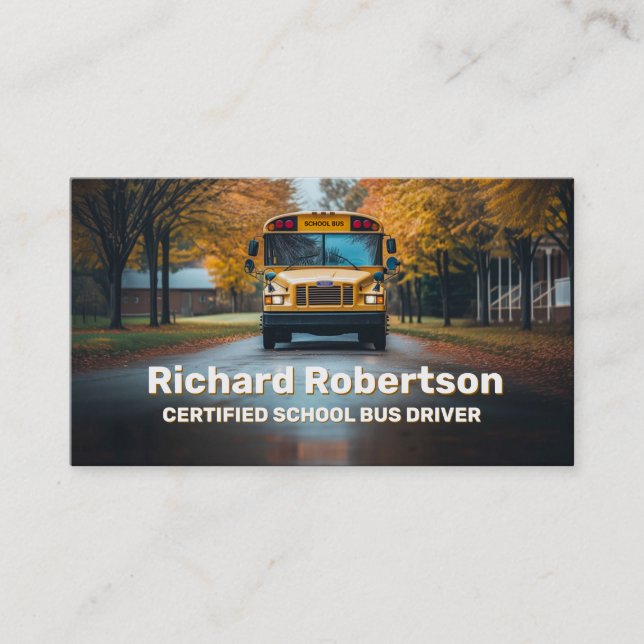 Certified School Bus Driver Vehicle On The Road Business Card (Front)