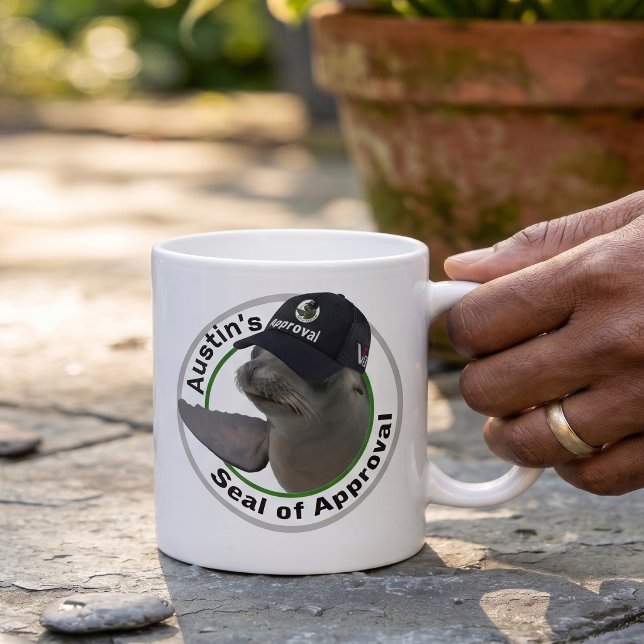 Certified Seal of Approval | Deadpan Custom Name Coffee Mug (Lifestyle Shot)