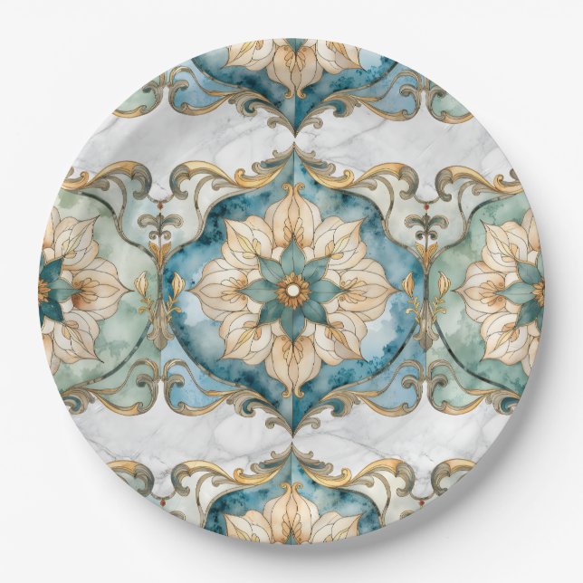 Cerulean Bloom Tapestry Party Paper Plates (Front)
