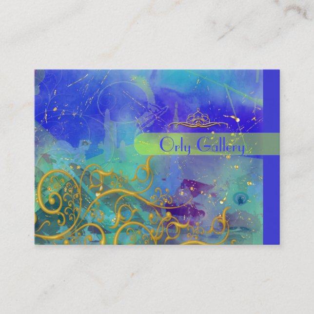 Cerulean Blue, Abstract /Faux Gold Filigree Swirls Business Card (Front)