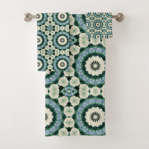 Cerulean Blue and Jungle Green Tiled Pattern Bath Towel Set