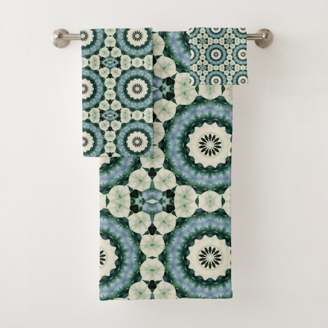 Cerulean Blue and Jungle Green Tiled Pattern Bath Towel Set (Insitu)