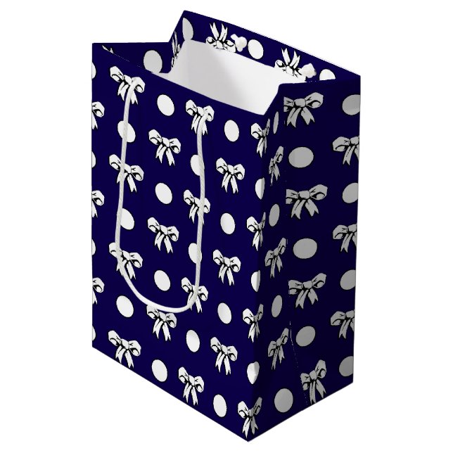 Cerulean Blue and White Polka Dots with Bows Medium Gift Bag (Front Angled)