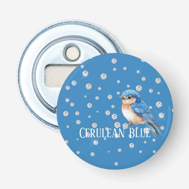 Cerulean Blue Bird Faux Diamonds Bottle Opener (Front)
