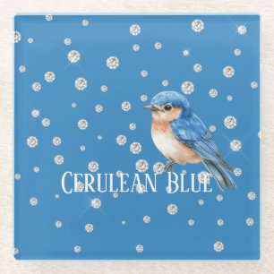 Cerulean Blue Bird Faux Diamonds Glass Coaster