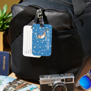 Cerulean Blue Bird Faux Diamonds Luggage Tag