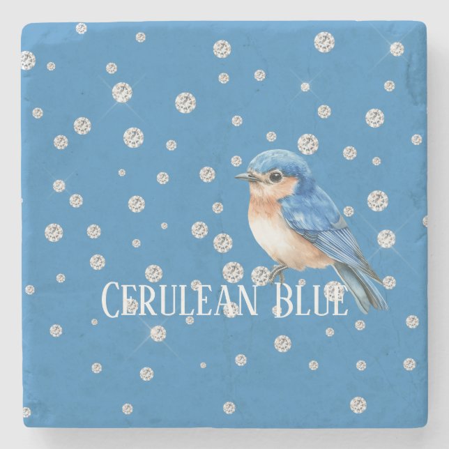 Cerulean Blue Bird Faux Diamonds Stone Coaster (Front)