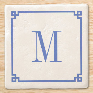 Cerulean Blue Greek Key Border Monogram Stone Coaster