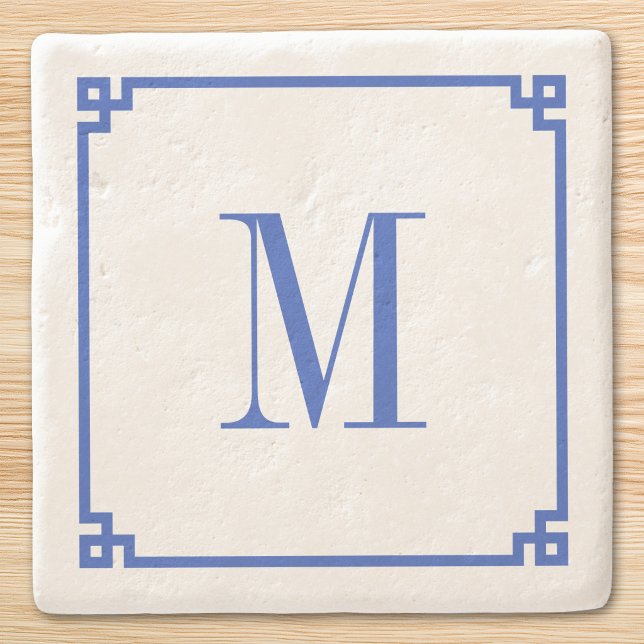Cerulean Blue Greek Key Border Monogram Stone Coaster (Cerulean Blue Greek Key Border Monogram Stone Coaster)