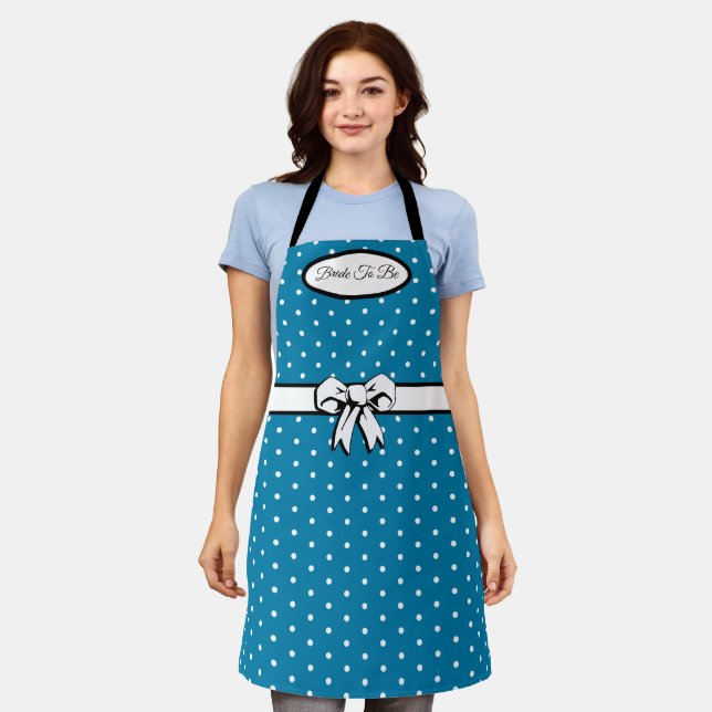 Cerulean Blue Polka Dot White Bow Personalised Apron (Worn)