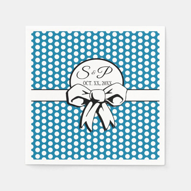 Cerulean Blue Polka Dot White Bow Personalised Napkin (Front)
