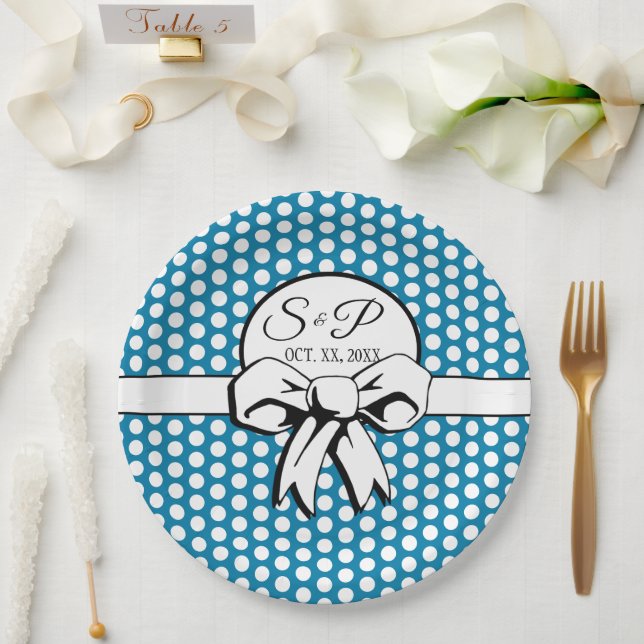 Cerulean Blue Polka Dot White Bow Personalised Paper Plate (Wedding)