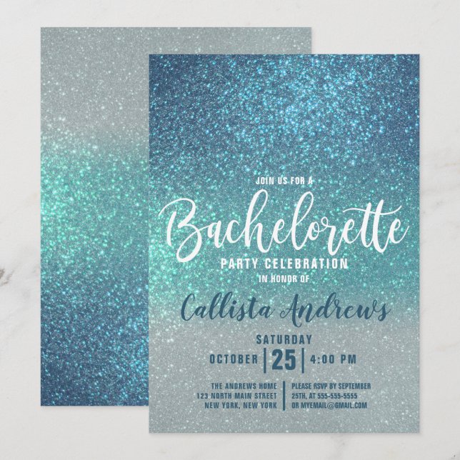 Cerulean Blue Teal Triple Glitter Bachelorette Invitation (Front/Back)