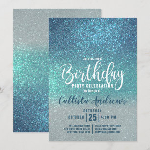 Cerulean Blue Teal Triple Glitter Ombre Birthday Invitation