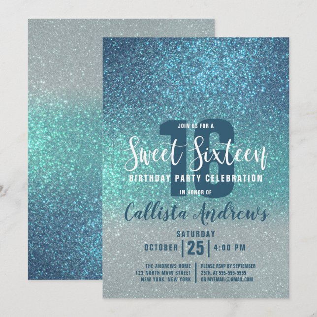 Cerulean Blue Teal Triple Glitter Ombre Sweet 16 Invitation (Front/Back)